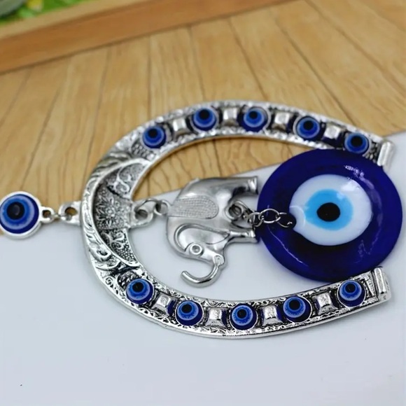 NWT Ornate Silver Metal Elephant🐘 Blue Evil Eye 🧿 Horseshoe Hanging Decoration - Picture 7 of 11
